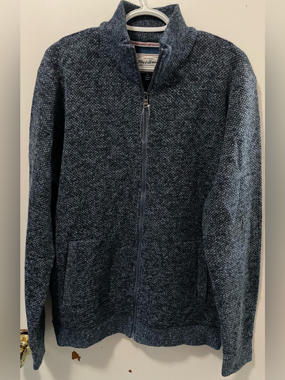 Flag & Anthem Men Navy Heather Full Zip Up Mock Neck Sweater Shirt Jacket Medium